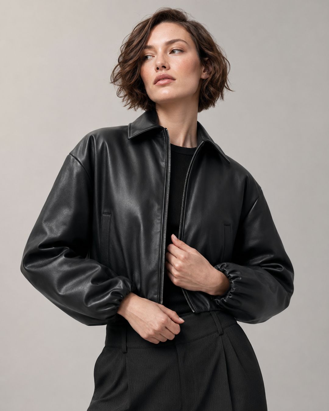 Alo Faux Leather Cropped Premier Bomber Black