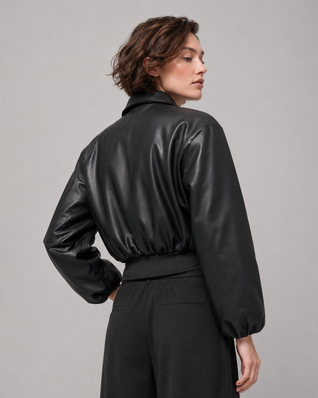 Alo Faux Leather Cropped Premier Bomber Black