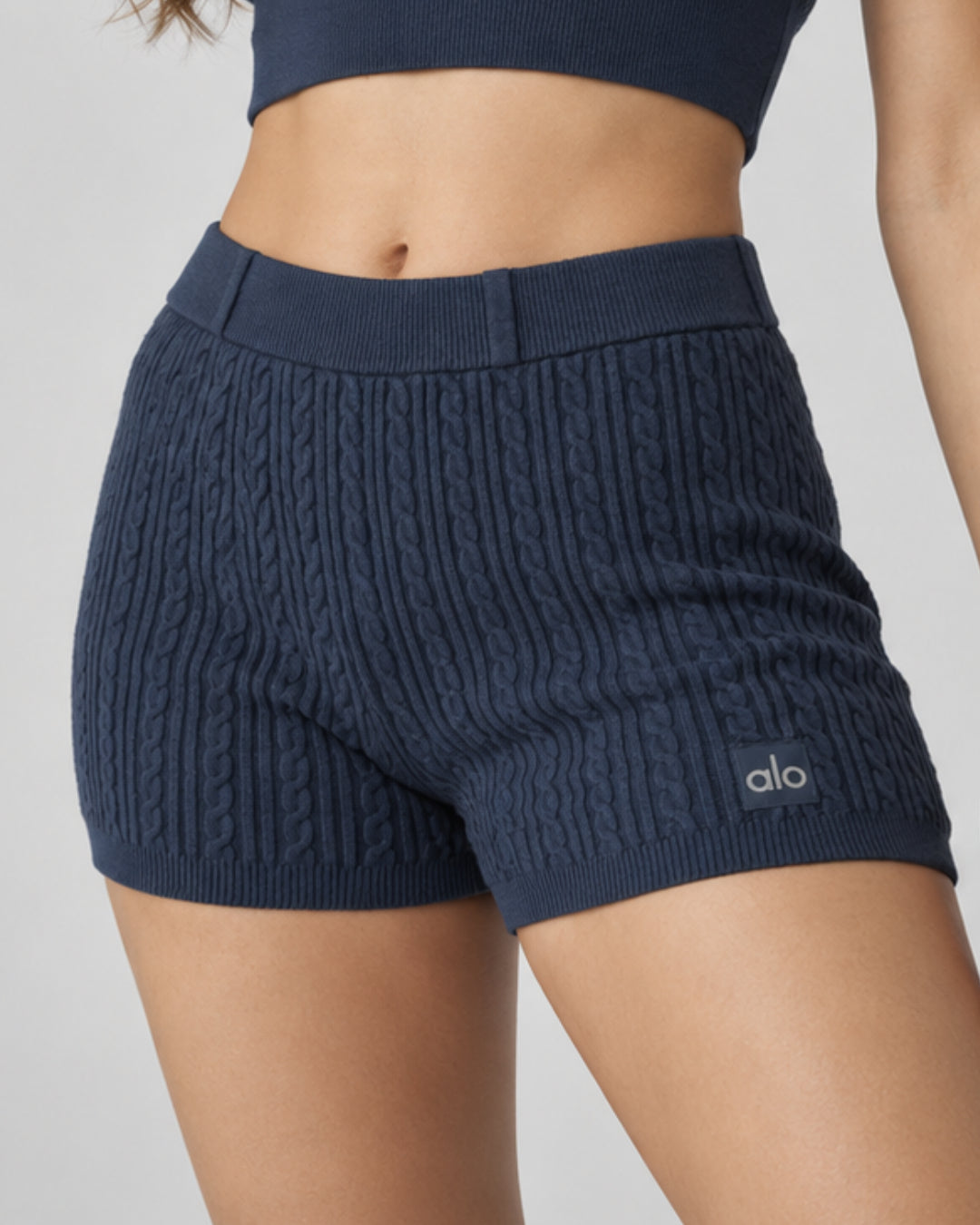 Alo Mini Cable High-Waist Sweater Short Navy